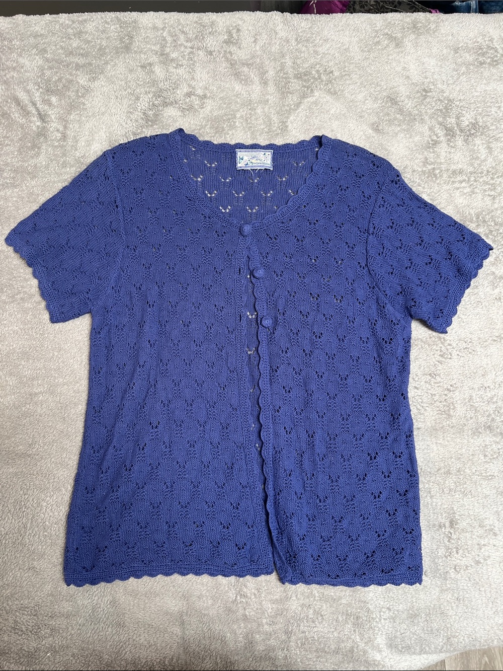 Short-Sleeve Eyelet-knit Cardigan in Deep Blue